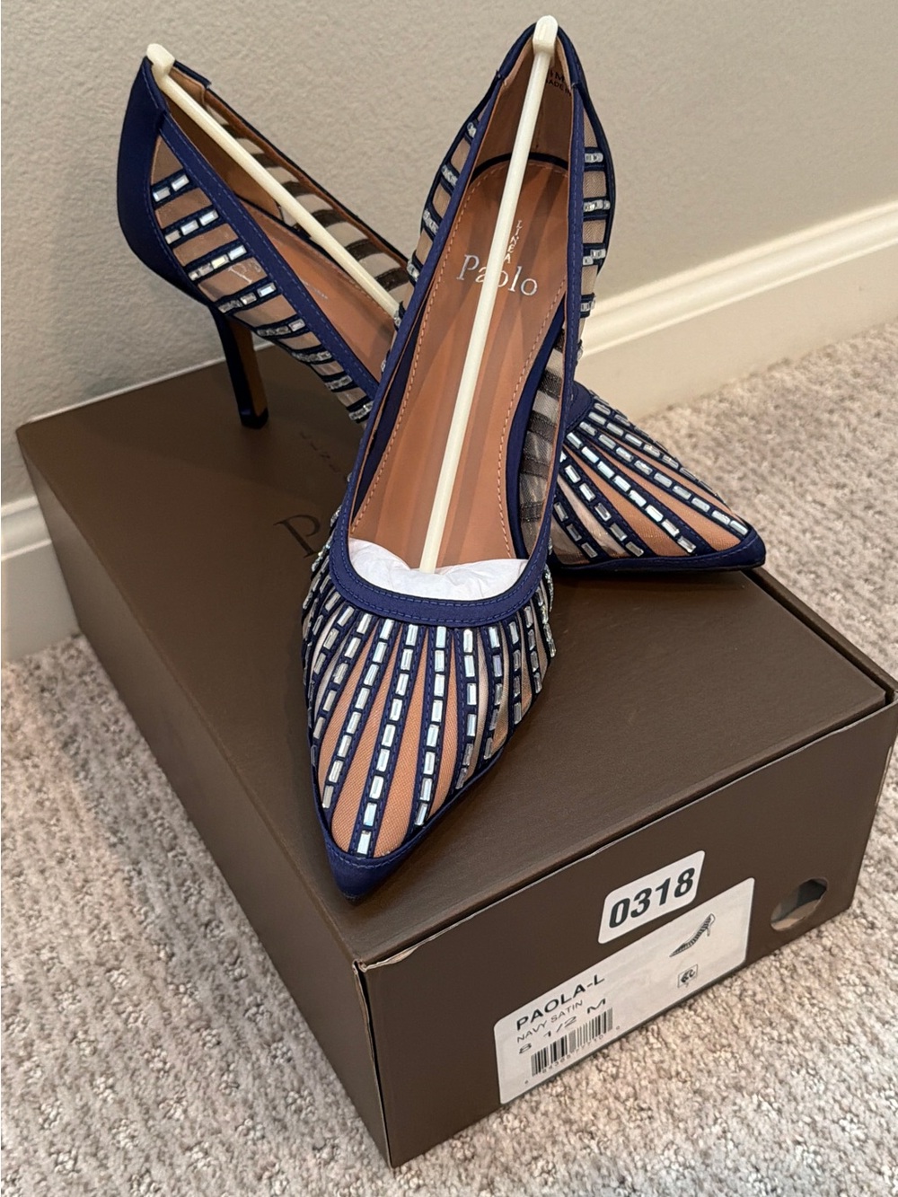 Linea Paola | Paola Navy Satin Pointed Toe Heels with Sheer beaded Upper New